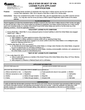  Gold Star or Next of Kin License Plate Applicant Virginia DMV 2016-2024