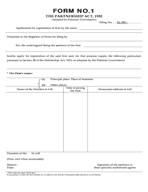 Form No 1 Partner Ship Act 1932