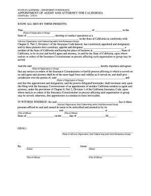 APPOINTMENT of AGENT and ATTORNEY for CALIFORNIA Insurance Ca  Form