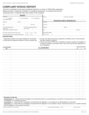 RFA 802 916 Complaint Intake Report California Department of Cdss Ca  Form