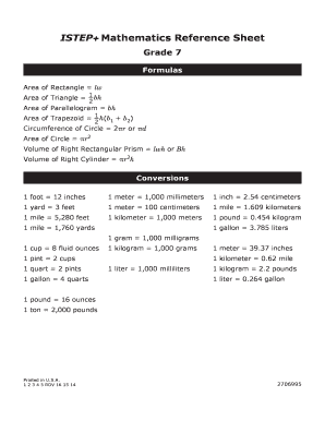 7th Grade Math Reference Sheet  Form