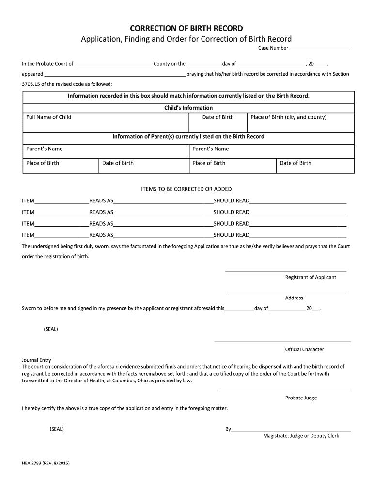 CORRECTION of BIRTH RECORD Application Warren County  Form