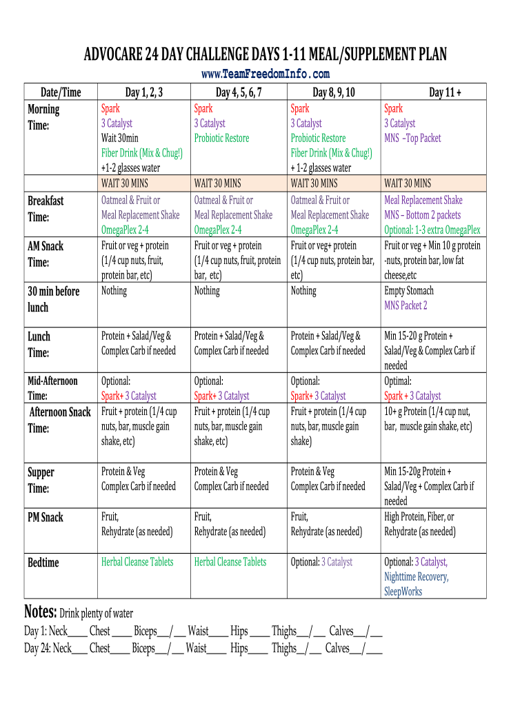 24 Day Challenge Days 1 11 Meal &amp; Supplement Chart Team Dom DOC  Form