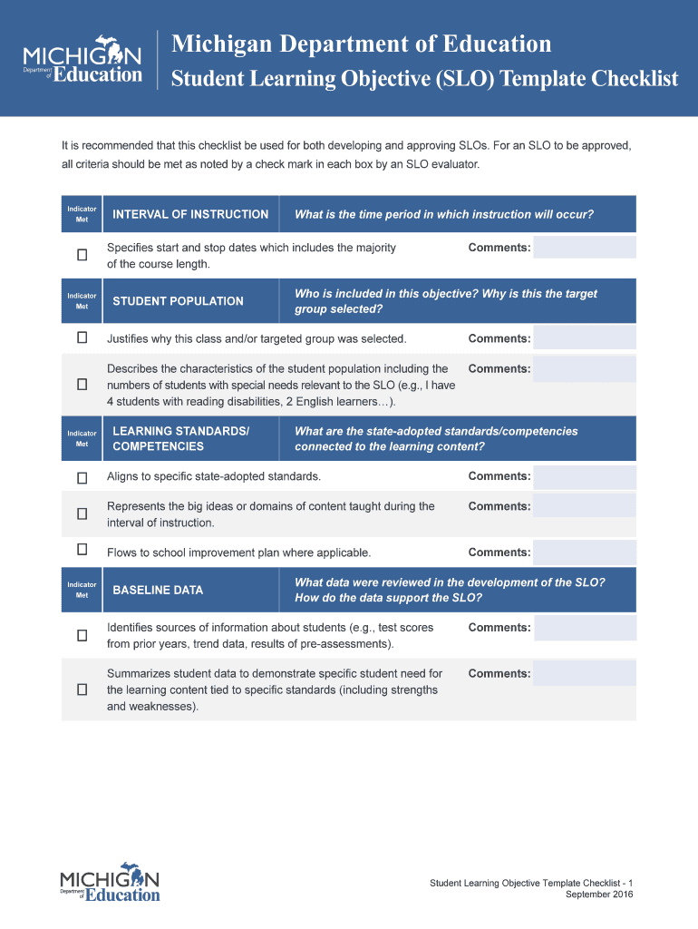 Student Learning Objective SLO Template State of Michigan  Form