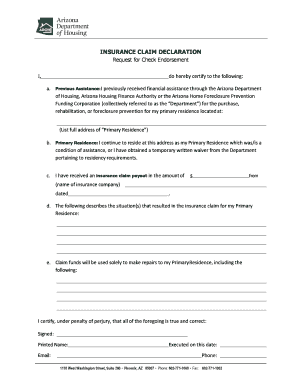 Insurance Claim Declaration Arizona Department of Housing  Form