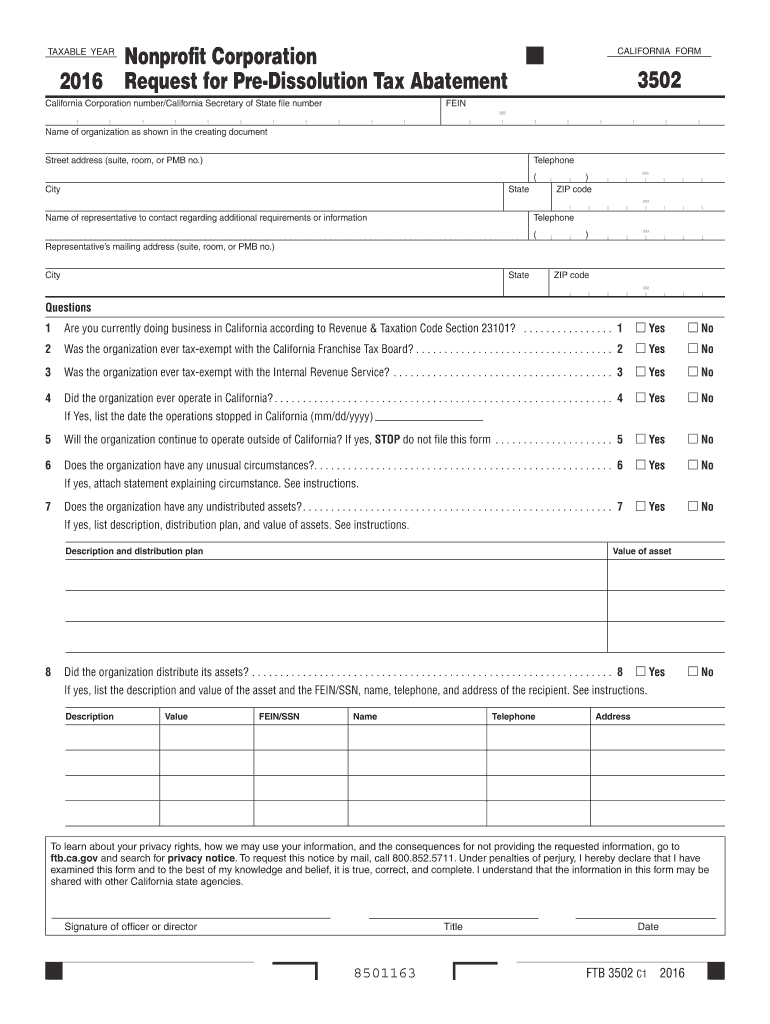  Form 3502 Nonprofit Corporation Request for Pre Dissolution Tax Abatement Form 3502 Nonprofit Corporation Request for Pre Dissol 2020