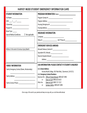 HARVEY MUDD STUDENT EMERGENCY INFORMATION CARD Hmc