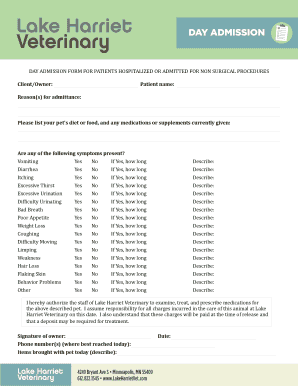 DAY ADMISSION FORM for PATIENTS HOSPITALIZED or ADMITTED for NON SURGICAL PROCEDURES