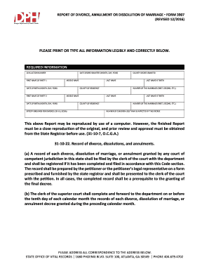  REPORT of DIVORCE, ANNULMENT or DISSOLUTION of MARRIAGE FORM 3907 2016-2024