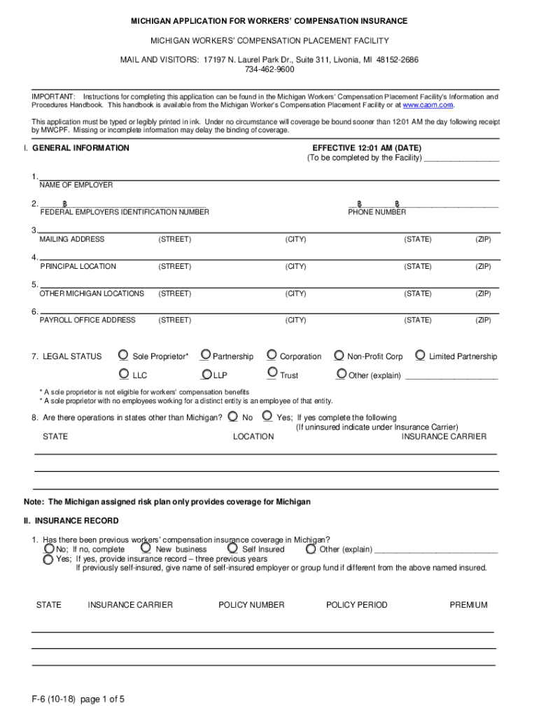  MICHIGAN APPLICATION for WORKERS COMPENSATION INSU 2018