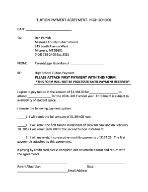 TUITION PAYMENT AGREEMENT HIGH SCHOOL  Form