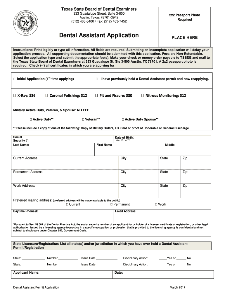 Dental Assistant Application  Form