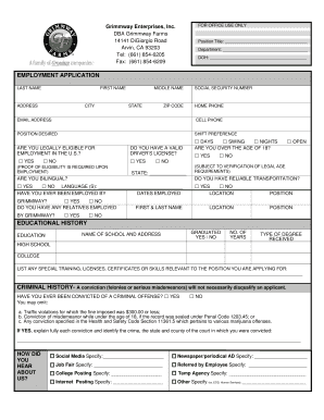 EMPLOYMENT APPLICATION EDUCATIONAL Grimmway Farms  Form
