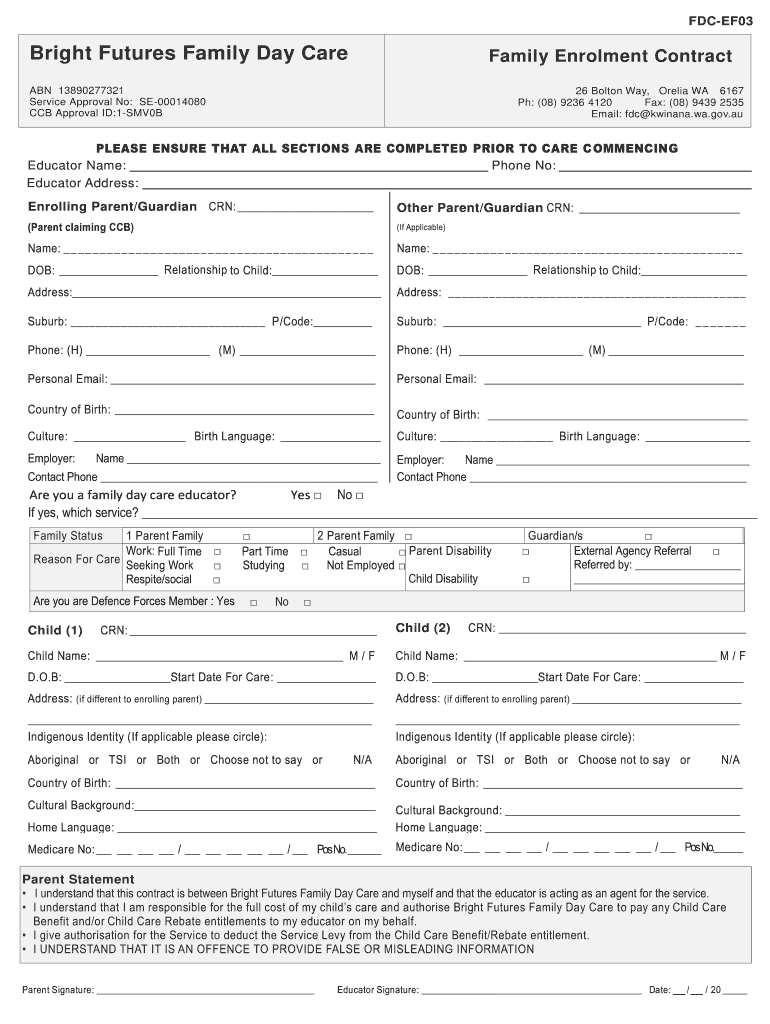 Bright Futures Family Day Care Family Enrolment Contract  Form