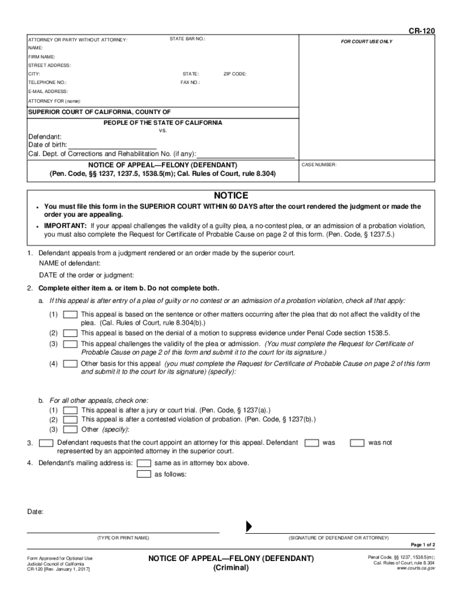  CR 120 Notice of Appeal Felony Defendant Criminal Judicial Council Forms Courts Ca 2017-2024