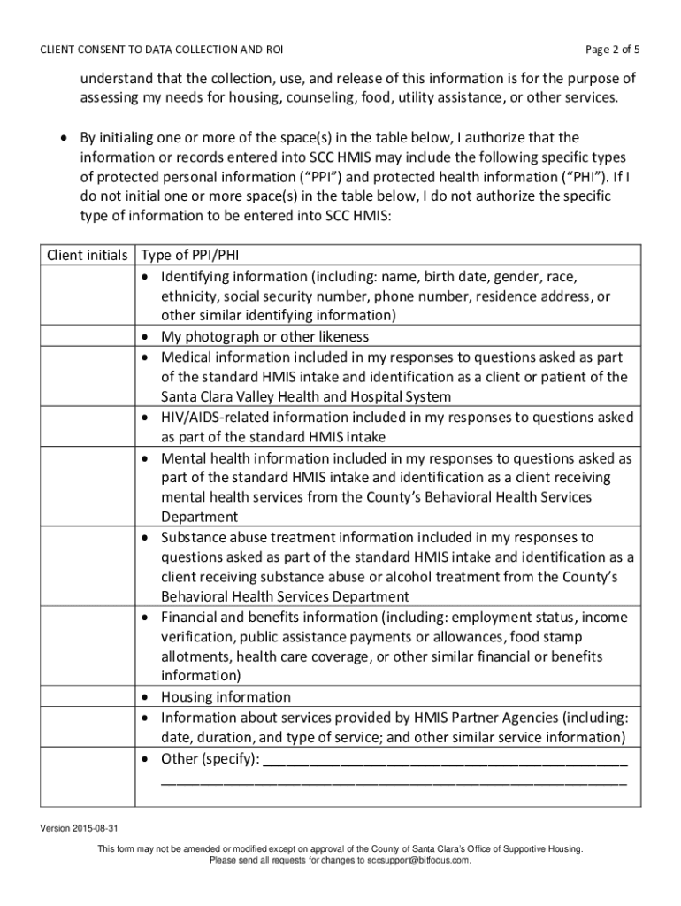  Client Consent to Data Collection and ROI Santa Clara County Scc Hmis 2015