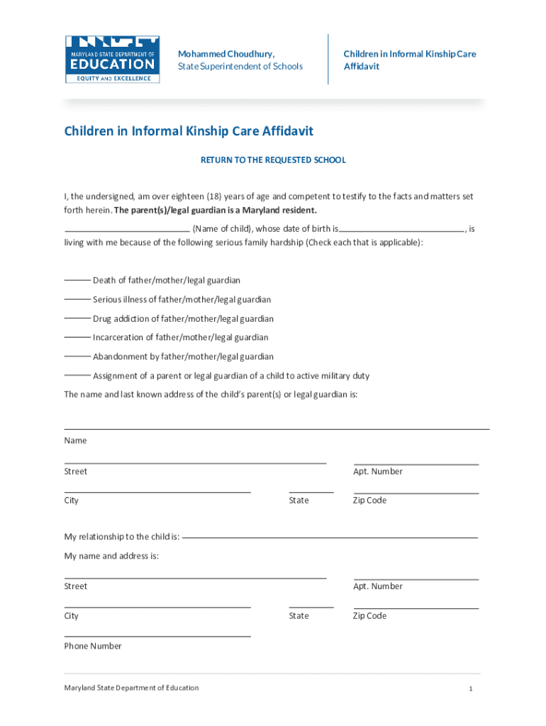 Maryland Kinship Care Affidavit  Form