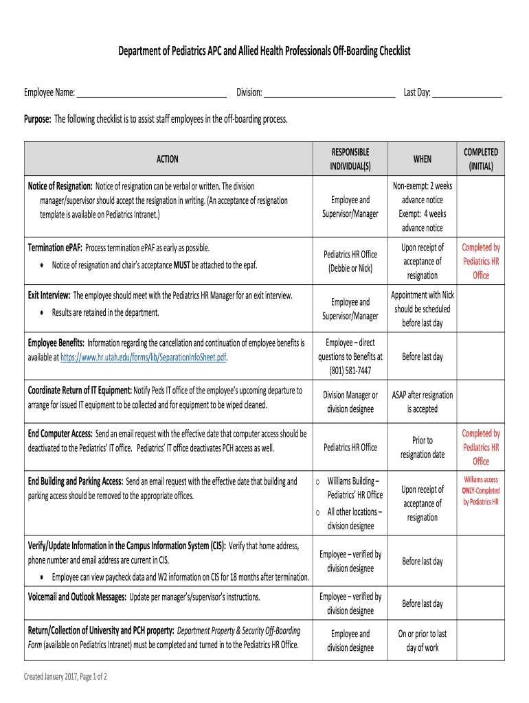  Department of Pediatrics APC and Allied Health Professionals off Boarding Checklist 2017-2024