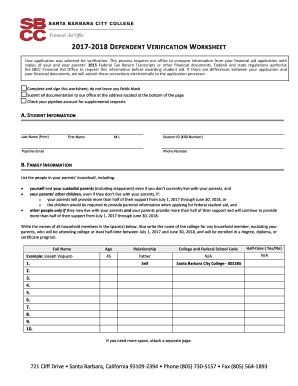 Get and Sign Dependent Verification Worksheet Sbcc 2017-2022 Form