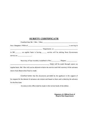 Surety Certificate Format