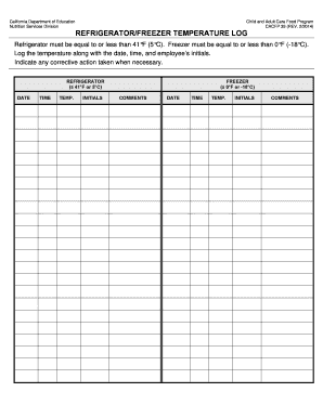 CACFP 39 Refrigerator Zer Temperature Log  Form