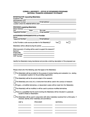 MATERIAL TRANSFER AGREEMENT STATEMENT  Form