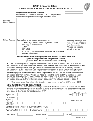  SARP Employer Return for the Period 1 January to 31 December Return by Employer of Employees Who Availed of Relief under the Spe 2016