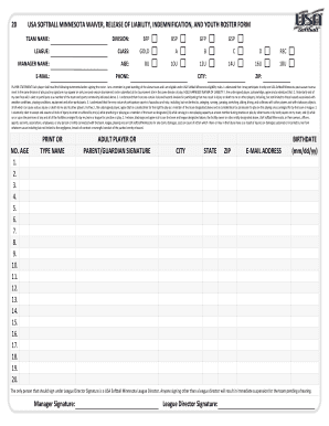 USA SOFTBALL MINNESOTA WAIVER, RELEASE of LIABILITY, INDEMNIFICATION, and YOUTH ROSTER FORM