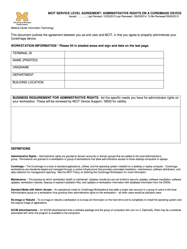 MCIT SERVICE LEVEL AGREEMENT ADMINISTRATIVE RIGHTS Wiki Med Umich  Form