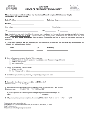 Get and Sign Proof of Dependents Worksheet Office of Financial Aid Wcupa 2016 Form