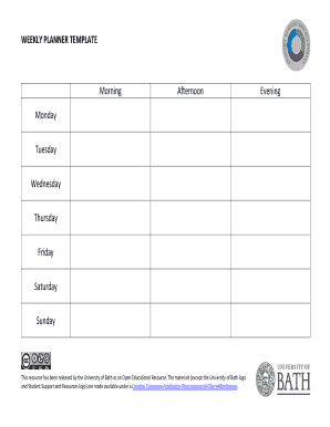 WEEKLY PLANNER TEMPLATE Morning University of Bath Bath Ac  Form