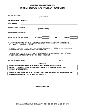 DIRECT DEPOSIT AUTHORIZATION FORM Wilcrest Field Services