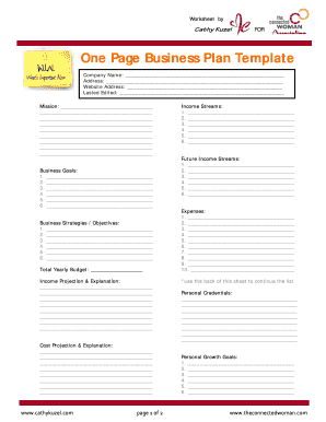 One Page Business Plan Template the Connected Woman  Form