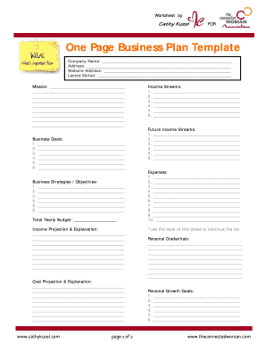 One Page Business Plan Template the Connected Woman Form