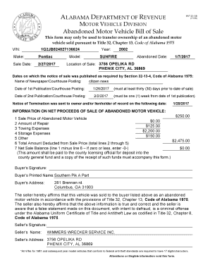 Abandoned Motor Vehicle Bill of Sale UnclaimedAbandoned Unclaimed Mvtrip Alabama  Form