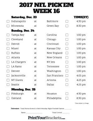 Nfl Week 16 Pick Em Sheet Form - Fill Out and Sign Printable PDF Template