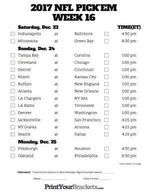 Nfl Week 16 Pick Em Sheet  Form