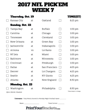 Nfl Week 7 Printable Schedule  Form