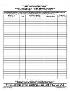 FORM OMHA 100A Request for Administrative Law Judge ALJ Hearing or Review of Dismissal Multiple Claim Attachment Hhs