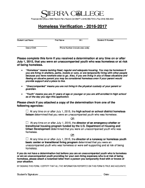  Homeless Verification Form Homeless Verification Form Sierracollege 2016