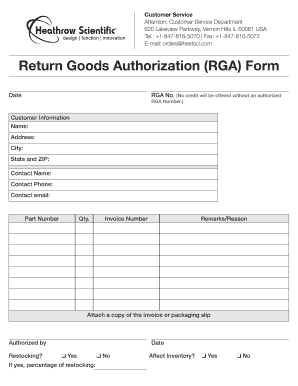 Return Goods Authorization RGA Form Heathrow Scientific