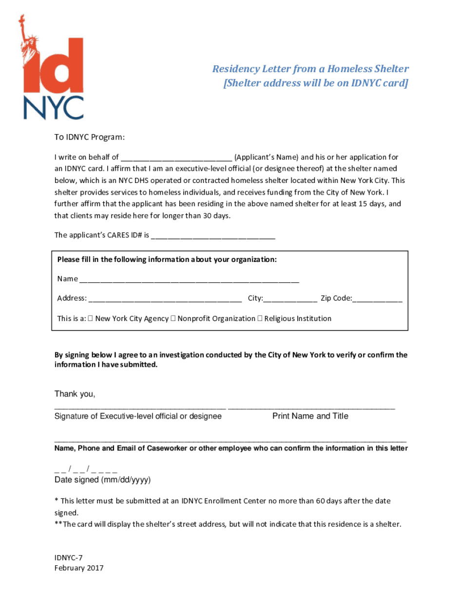 Residency Letter from a Homeless Shelter  Form