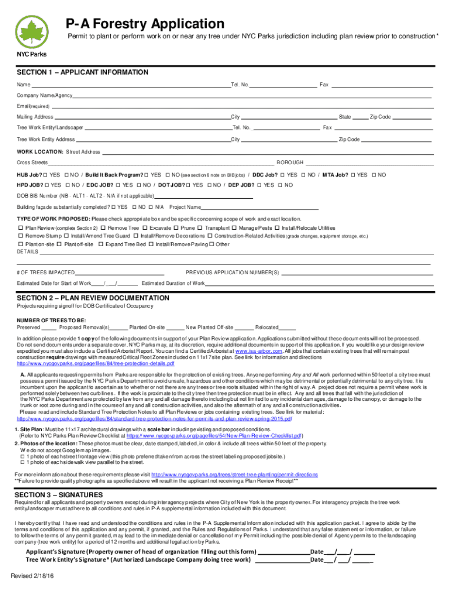 PA Forestry Application NYC Parks is  Form