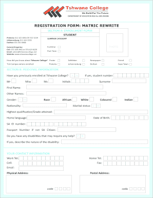 Tshwane College Matric Upgrade  Form