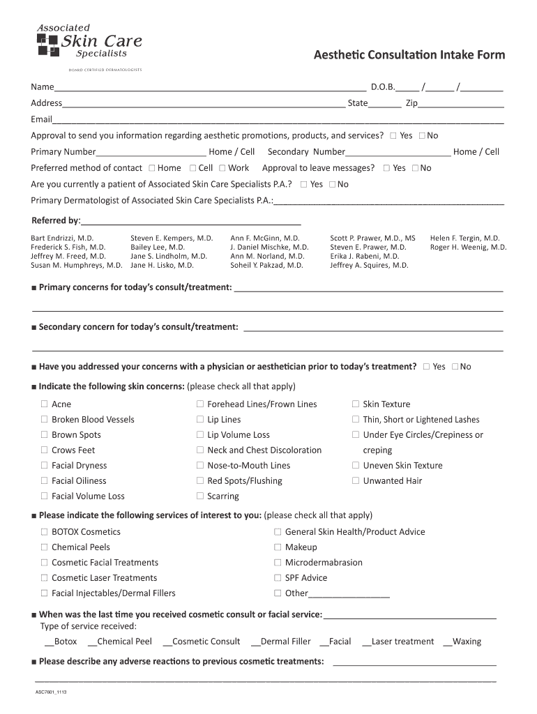 Aesthetic Consultation Intake Form Associated Skin Care Specialists