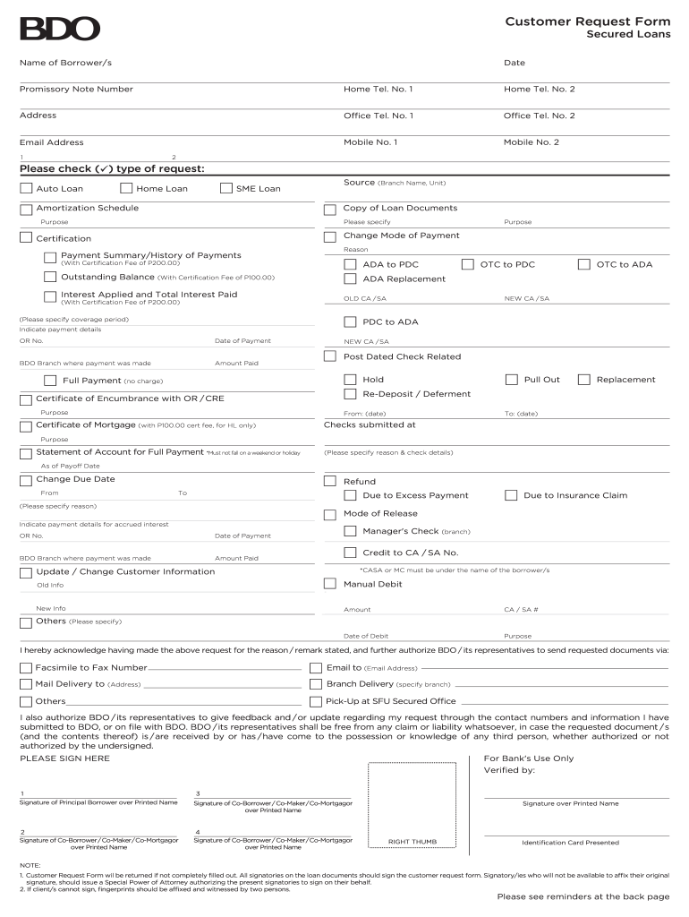 Bdo Customer Request Form Secured Loans Fill Out and