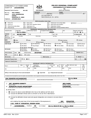 COMMONWEALTH of PENNSYLVANIA POLICE CRIMINAL COMPLAINT  Form