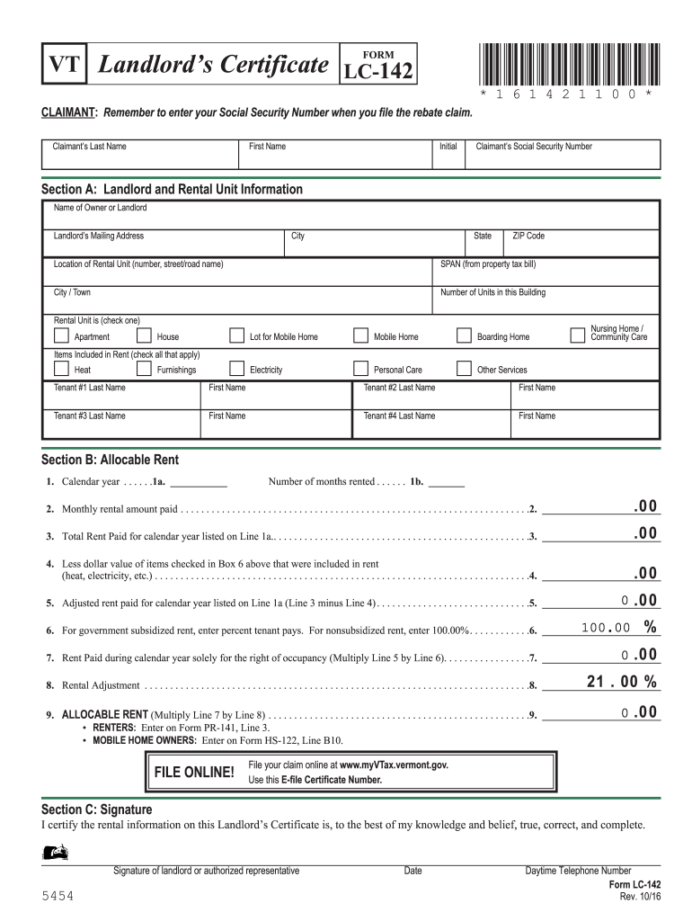  Vermont Renters Rebate 2016