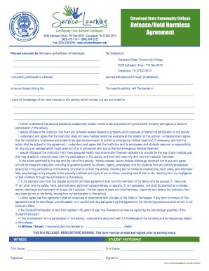 ReleaseHold Harmless Agreement Form Clevelandstatecc