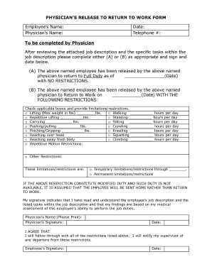 PHYSICIAN S RELEASE to RETURN to WORK FORM Date below Broomfield